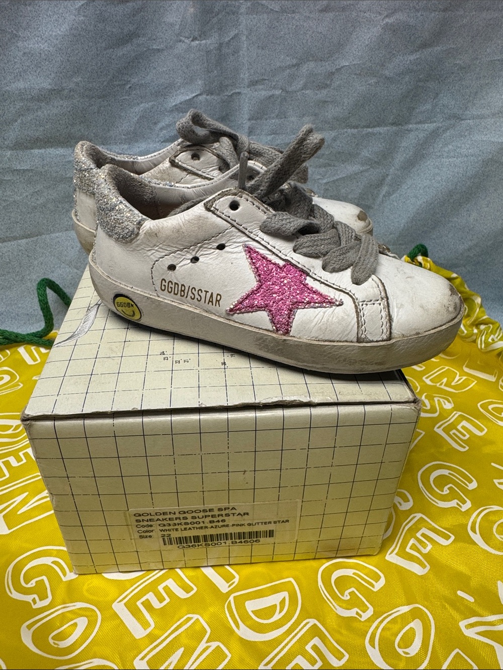 Golden Goose 22 Kids White Leather Sneakers with Pink Glitter Star blue glitter